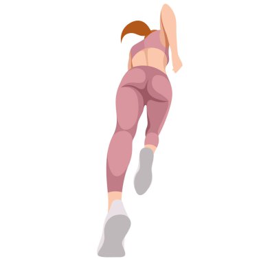 Spor giyimli (şort ve spor sutyenli) zayıf bir kızın vektör görüntüsü. Aşağıdan görüntü çalışıyor. Aşağıdan açı. Aşağıdan bak. Beyaz arka planda izole edilmiş. Kadın koşuyor. Sabah koşusu. koşu