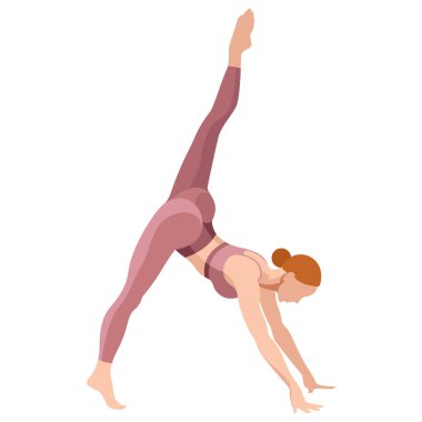 Vektör illüstrasyon güzel ince kız spor giyim (tayt ve spor sutyen) yoga, esneme, spor, spor, antrenman yapıyor, beyaz arka planda izole edilmiş. yoga bölümü, pilates, meditasyon.