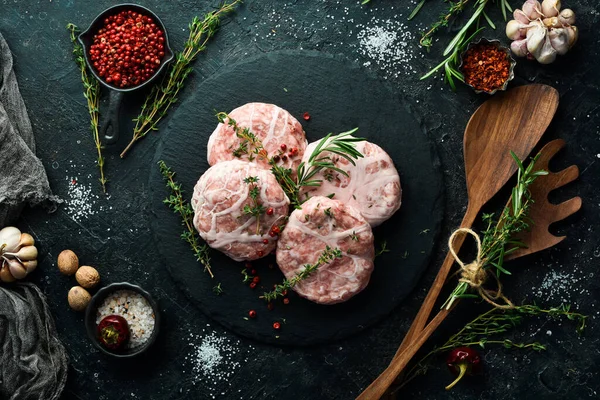 Raw Pork Cutlet Crepinette Spices Stone Board Black Background Top — Stock Photo, Image