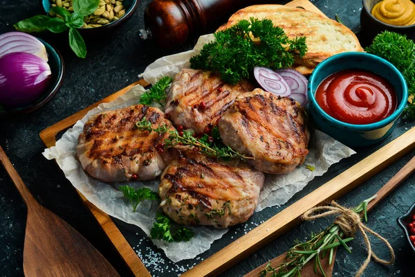 Barbecue Grilled Meatballs Wrapped Bacon Spices Sauce Stone Board Top — Stock Photo, Image