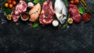 Odaklanamayan gıda geçmişi. Yüksek protein içerikli yiyecekler: et, balık, tavuk yumurtası. Üst Manzara. Metnin için boş yer.