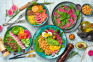 Odaklanamayan gıda geçmişi. Hazır yemek ve yemek kavramı. Üst Manzara. Metnin için boş yer.