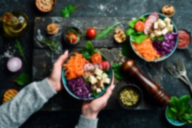 Odaklanamayan gıda geçmişi. Vejetaryen yemeği kavramı. Üst Manzara. Metnin için boş yer.