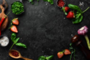 Odaklanamayan gıda geçmişi. Organik yiyecekler, baharatlar ve bitkiler. Üst Manzara. Metnin için boş yer.