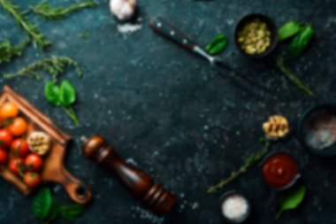 Odaklanamayan gıda geçmişi. Organik yiyecekler, baharatlar ve bitkiler. Üst Manzara. Metnin için boş yer.