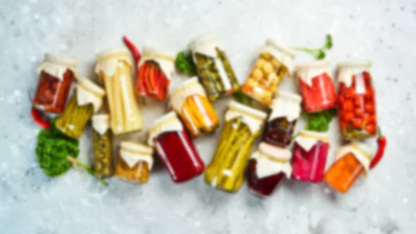 Defocused Food Background Set Pickled Food Stocks Cans Top View — Stock Photo, Image