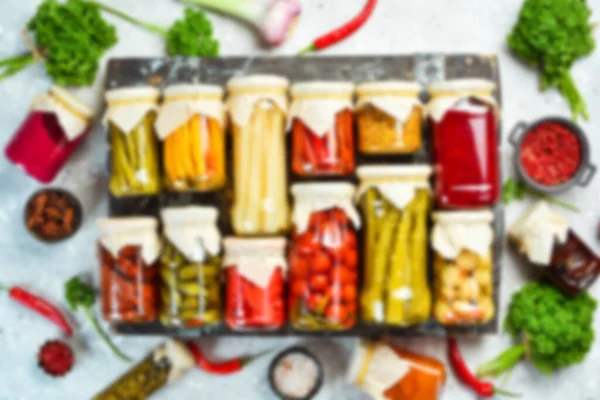 Defocused Food Background Set Pickled Food Stocks Cans Top View — Stock Photo, Image