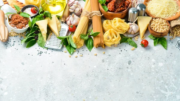 Food Banner Italian Traditional Cuisine Pesto Sauce Pasta Basil Parmesan — Stock Photo, Image