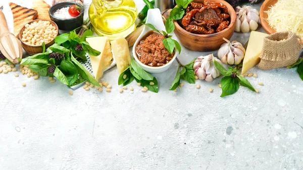 Preparation Traditional Italian Pesto Sauce Dried Tomatoes Ingredients Basil Parmesan — Stock Photo, Image