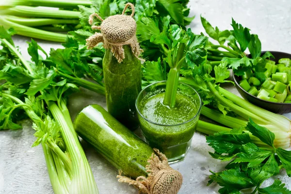 Vegetarian Detox Diet Green Smoothies Fresh Celery Spinach Natural Orange — Stock Photo, Image