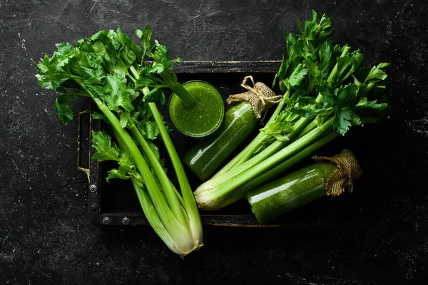 Celery Celery Smoothies Glass Bottles Detox Menu Free Space Text — Stock Photo, Image