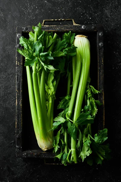 Bouquet Fresh Celery Stalk Leaves Wooden Box Organic Healthy Food — Stock Photo, Image