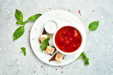 Pancar çorbası. Domuz yağı ve kızarmış ekmekle Ukrayna usulü geleneksel borş çorbası. Üst Manzara. Metin için boş alan.