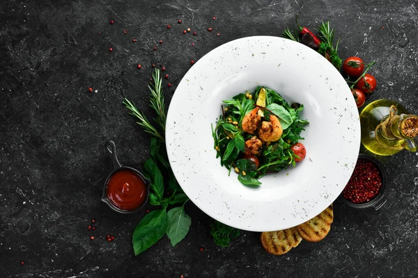 Salad Shrimp Arugula Plate Restaurant Serving Top View Free Space — Stock Photo, Image