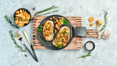 Mantar tabakları. Chanterelle mantarlı ve soğanlı sandviç. Üst Manzara. Metin için boş alan.