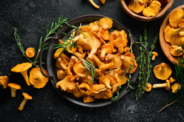 Chanterelle Mushrooms Bowl Organic Forest Food Top View Stone Background — Stock Photo, Image