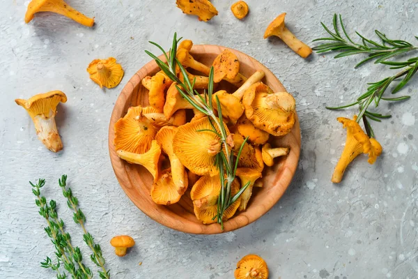 Chanterelle Mushrooms Bowl Organic Forest Food Top View Stone Background — Stock Photo, Image