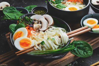 Udon erişteli, yumurtalı, mantarlı ve yeşil soğanlı Asya usulü çorba. Taş bir arka planda.