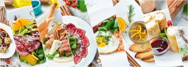 Restoran yemekleri ve beyaz tabakta yemek. Fotoğraf kolajı, fotoğraf pankartı..