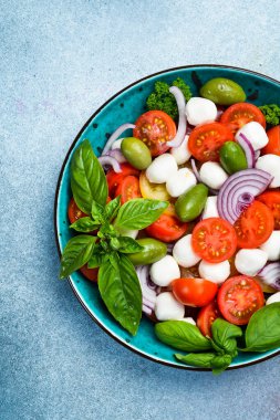 Geleneksel İtalyan salatası: domates, mozarella peyniri, fesleğen ve zeytin. Caprese. Gri beton bir tuvalde.