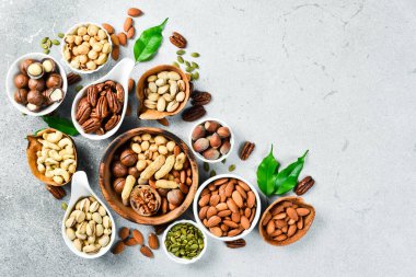 Fındık çeşitleri kaselerde. Ceviz, fındık, fındık, fıstık, fıstık, çam fıstığı, fıstık. Gıda karışımı arkaplan, üst görünüm, kopyalama alanı.