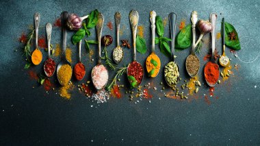 Metal kaşıklardaki renkli baharatlar. Siyah bir arkaplanda. Üst görünüm.