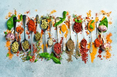 Gri bir arka planda, kaşıklardaki baharatlar ve otlar. Üst Manzara. Metin için boş alan.