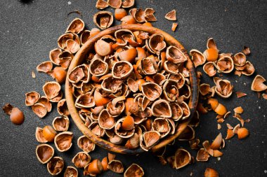 Fındık arka planı. Fındık kabuğu. Karanlık bir taş arka planda. Kapat..