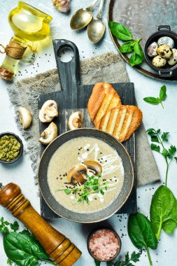 Mantarlı ve kremalı vejetaryen mantar kremalı çorba. Bir kasede. Vejetaryen yemeği konsepti.