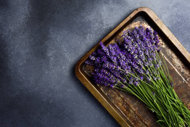 Bir demet kokulu lavanta çiçeği eski tip bir tepside. Üst görünüm.
