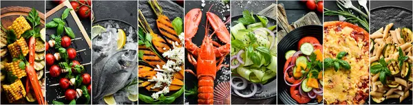 Fotoğraf kolajı. Farklı sağlıklı ana yemekler, et ve balık yemekleri, makarna, salatalar, soslar, arka planda ekmek ve sebzeler. Üst görünüm.