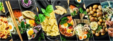 Kolaj. Dünyanın farklı ülkelerinden gelen çeşitli yemekler. Yiyecek ve atıştırmalıklar.