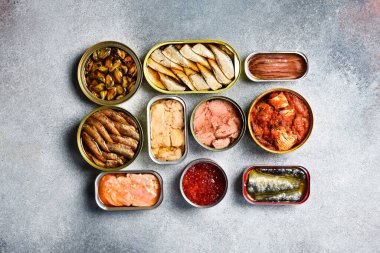 Konserve balık ve deniz ürünleri: ton balığı, somon yumurtası, lahanası, morina ciğeri ve uskumru. Bir ışık taşı arka planında.