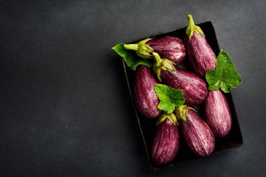 Taze organik çiftlik patlıcanları. Siyah taştan bir arka planda. Üst Manzara. Tarif için boş alan.