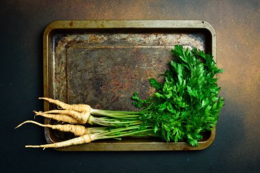 Raw Organic Parsley Root, on dark background, close-up, top view. clipart