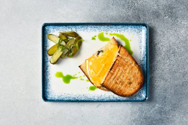 Peynirli ve salatalık turşulu ev yapımı sandviç. Kapat..