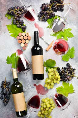 Şişelerde ve bardaklarda kırmızı ve beyaz şarap seti. Üzüm. Tasarım için kompozisyon.