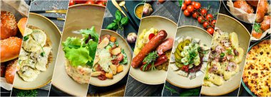 Akşam yemeği: sıcak yemekler, salatalar ve çorbalar. Fotoğraf kolajı, fotoğraf pankartı..