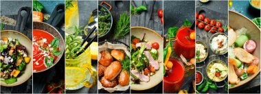 Yiyecek ve içecekler siyah taş bir masada. Fotoğraf kolajı, fotoğraf afişi.