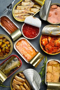 Balık ve deniz ürünleri reçelleri. Üst görüntü, dikey fotoğraf. Üst görünüm