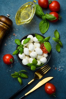 Caprese salatası yapmak için gerekli malzemeler. Domatesli, fesleğenli ve yağlı Mozzarella peyniri topları..
