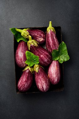 Taze organik çiftlik patlıcanları. Siyah taştan bir arka planda. Üst Manzara. Tarif için boş alan.