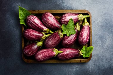 Bir avuç patlıcan ve metal tepside yeşil yapraklar. Organik sebzeler.