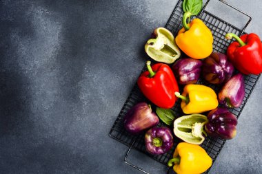 Renkli dolma biber seti. Metal tepside kırmızı biber. Metin için boş alan.