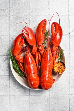 Deniz ürünleri. Buzlu bir tabakta iki tane haşlanmış kırmızı ıstakoz..