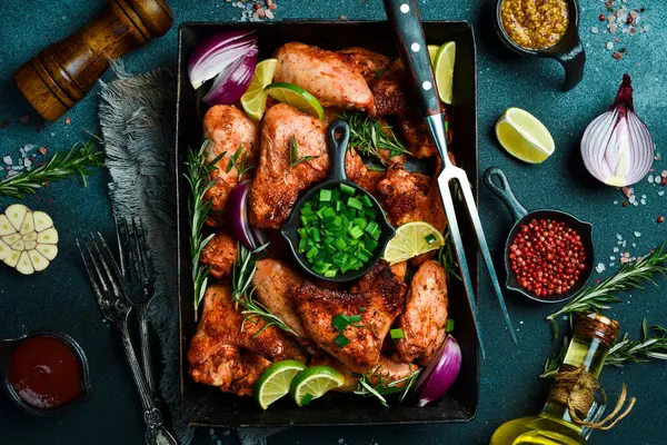 Izgara menüsü, barbekü. Metal bir tepside fırında tavuk kanadı. Karanlık bir arka planda.