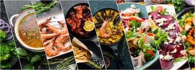 Lokanta mutfağından bulaşık arkaplanı. Fotoğraf kolajı, fotoğraf pankartı..