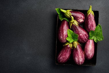 Taze organik çiftlik patlıcanları. Siyah taştan bir arka planda. Üst Manzara. Tarif için boş alan.