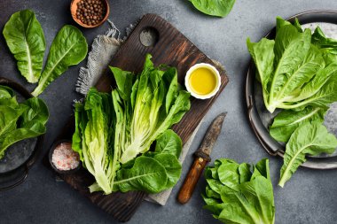 Romaine Marul 'la salata hazırlıyorum. Yeşil organik gıda. Üst Manzara. Gri beton arka planda.
