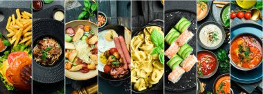 Yemek tabakları ve atıştırmalıkların arka planı. Fotoğraf kolajı, fotoğraf pankartı..